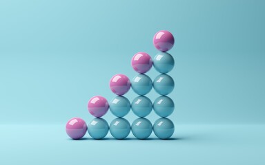 Pink spheres on rising bar graph of blue spheres on blue background, abstract modern minimal success, growth, progress or achievement concept