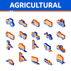 Poster - Agricultural Vehicles Vector Icons Set. Isometric Agricultural Transport, Harvesting Machinery Pictograms. Harvesters, Tractors, Irrigation Machines, Combines Illustrations