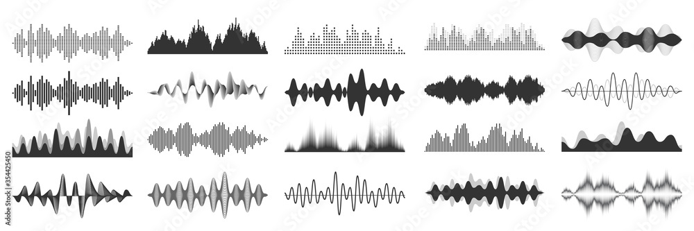 Sound waves collection. Analog and digital audio signal. Music equalizer. Interference voice recording. High frequency radio wave. Vector illustration. - obrazy, fototapety, plakaty 
