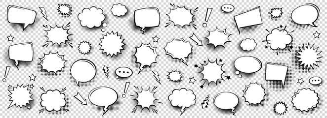 collection of empty comic speech bubbles with halftone shadows. hand drawn retro cartoon stickers. p