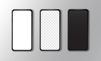Overhead close-up front view of three black smartphones with white, transparent and black screen for copy space and mock-ups with shadow on gradient gray background