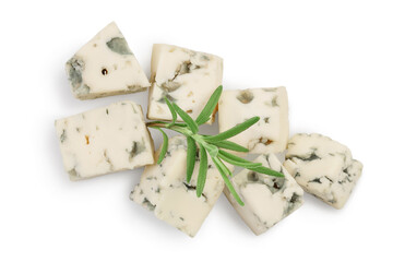 Wall Mural - diced Blue cheese with rosemary isolated on white background with clipping path and full depth of field. Top view. Flat lay.