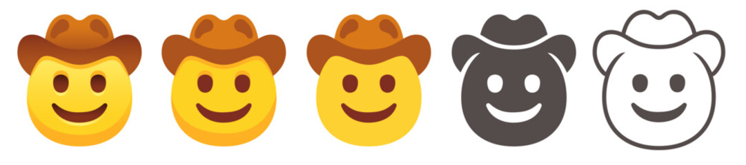 Cowboy hat emoji. Happy yellow head with brown leather cowboy brimmed hat. Smiled emoticon flat vector icon set. Yee-haw!