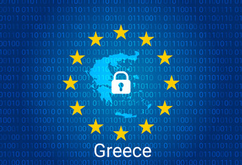 Wall Mural - Map of Greece, with lock and binary code background. europe union internet blocking, virus attack, privacy protect. vector