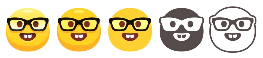 Wall Mural - Nerd emoji. Funny yellow face with black-rimmed eyeglasses and big buck teeth. Nerdy emoticon flat vector icon set