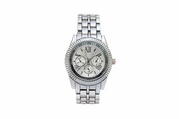 Wall Mural - Silver colored metal chronograph wristwatch with jubilee bracelet, white dial face and roman numerals isolated on white background.