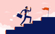 © Knut - Successful minority  - Ethnic Business man with briefcase running fast up stairs towards goal. Success in business, working hard and aspirational concept. Vector illustration.