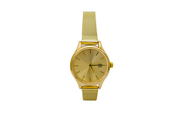 Wall Mural - Classic round dress wristwatch with golden matte metal mesh strap, yellow dial face and date function, isolated on white background.