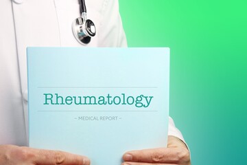 Wall Mural - Rheumatology. Doctor (male) with stethoscope holds medical report in his hands. Cutout. Green turquoise background. Text is on the documents. Healthcare/Medicine