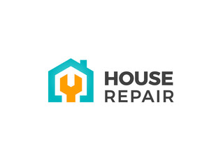 Wall Mural - House repair logo. Home renovation project emblem. Wreck tool icon. Maintenance service sign. Isolated garage symbol. Labour force vector illustration.