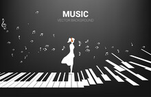 Vector Silhouette Of Woman Standing With Piano Key With Flying Music Note . Concept Background Piano Music And Recreation.