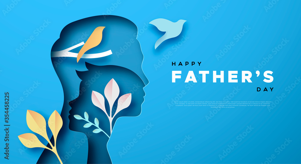Father's Day papercut card of dad and son template - obrazy, fototapety, plakaty 