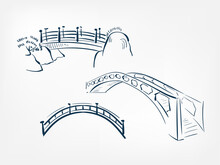 Bridge Set Vector Ink Illustration Sketch Japanese Chinese Style Line Art Design View Traditional