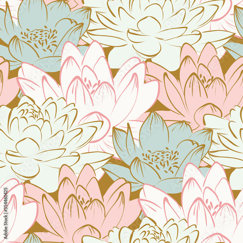 Dekoracja na wymiar  lilia-kwiat-lotosu-wektor-japonska-chinska-natura-tusz-ilustracja-szkic-tradycyjny-bezszwowy-wzor-kolorowy