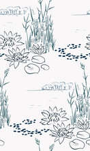 River Pond Flower Japanese Chinese Design Sketch Ink Paint Style Seamless Pattern