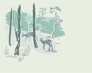 deer forest winter card nature landscape view landscape card vector sketch illustration japanese chinese oriental line art