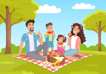 Cute cartoon summer picnic family vector illustration