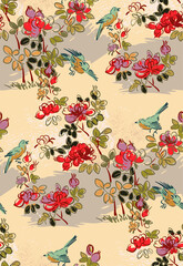 rose hip birds japanese chinese design sketch ink paint style seamless pattern