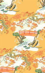 Wall Mural - bridge japanese chinese design sketch ink paint style seamless pattern