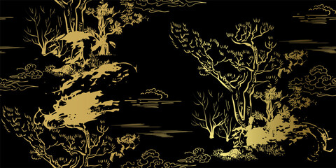 Wall Mural - tree forest japanese chinese design sketch black gold style seamless pattern
