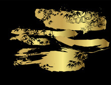 Gold Black Maple Lantern Japanese Chinese Design Sketch Ink Paint Style Texture Modern Design Card