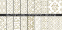 Collection Of 16 Floral Vintage Patterns. Baroque, Damask Wallpapers. Seamless Vector Backgrounds. Elegance Luxury Victorian Style Textures.