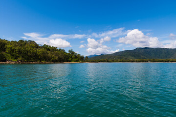 lush tropical coastline view from with deep green water a blue sky and white clouds
