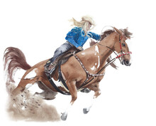 Cowgirl Riding Horse American Tradition Horseback Barrel Racing Watercolor Painting Illustration Isolated On White Background
