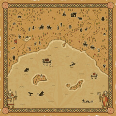 Wall Mural - Vintage Viking raid map with characters, castles, creatures, ships and more. Drawn on a square parchment background with an ornate medieval frame.