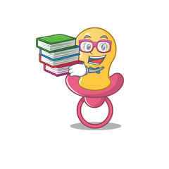 Sticker - A diligent student in baby pacifier mascot design concept read many books