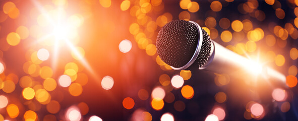 Canvas Print - Microphone against dark background with defocused lights