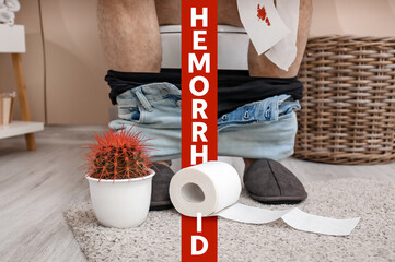 Sticker - Cactus and toilet paper near man sitting on toilet bowl in restroom. Hemorrhoids concept