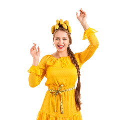 Wall Mural - Young woman with bananas on white background. Diet concept