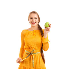 Wall Mural - Young woman with apple on white background. Diet concept