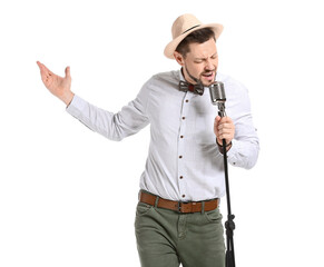 Wall Mural - Handsome man singing against white background