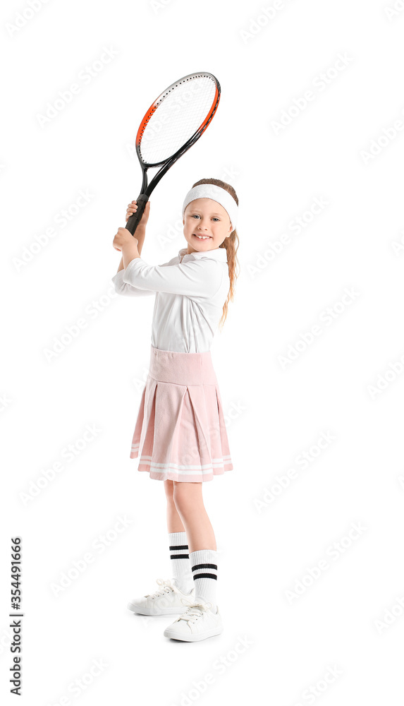 Cute little girl with tennis racket on white background