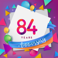 84th years anniversary logo, vector design birthday celebration with colorful geometric, Circles and balloons isolated on white background.