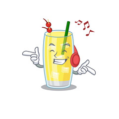 Sticker - Pina colada cocktail Cartoon design concept listening music on headphone