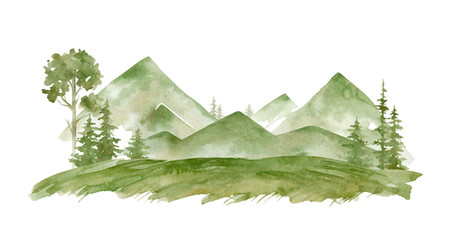 watercolor hand drawn mountains and fir trees isolated on white. evergreen trees, forest landscape, 