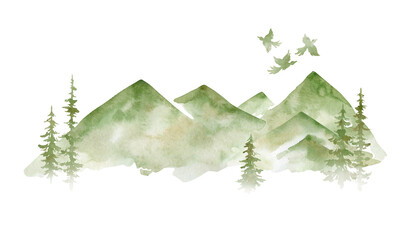 watercolor hand drawn mountains and fir trees isolated on white. evergreen trees, forest landscape, 