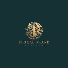 Letter J Golden Luxurious Circle Floral Decorative Logo