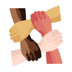 Stop racism icon. Motivational poster against racism and discrimination. Many hands of different races together in a circle. Vector Illustration