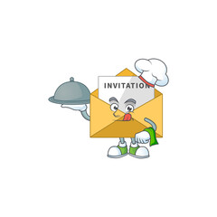 Sticker - A invitation message chef cartoon mascot design with hat and tray