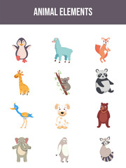 Canvas Print - Cartoon Animal Character Set on White Background.