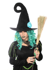 Witch With Broom on White Background