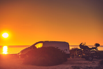 Sticker - Camper van with motorcycle at sunset