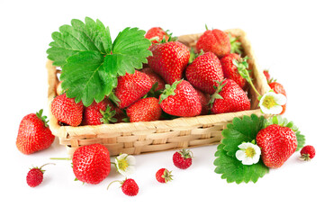 Basket fresh strawberry with green leaf and flower. Isolated on white background.