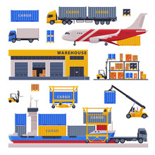 Logistic And Delivery Set, Warehouse Storage Building And Cargo Freight Transportation Vehicles Flat Style Vector Illustration On White Background