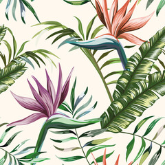 Wall Mural - Beautiful multi colored exotic tropical flowers strelitzia and green palm, banana, fern leaves seamless vector pattern on white background. Beach summer trendy illustration.