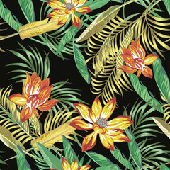 Wall Mural - Beautiful fiery color exotic tropical flowers lotus, lily and green, golden color palm, banana, fern leaves seamless vector pattern on black background. Beach summer trendy illustration.